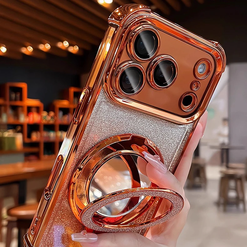 Luxury Glitter Bracket Stand Case for iPhone 17 16 15 14 Pro Max Plus 12 13 Air Mirror Ring Holder Make Up Bling Gradient Cover