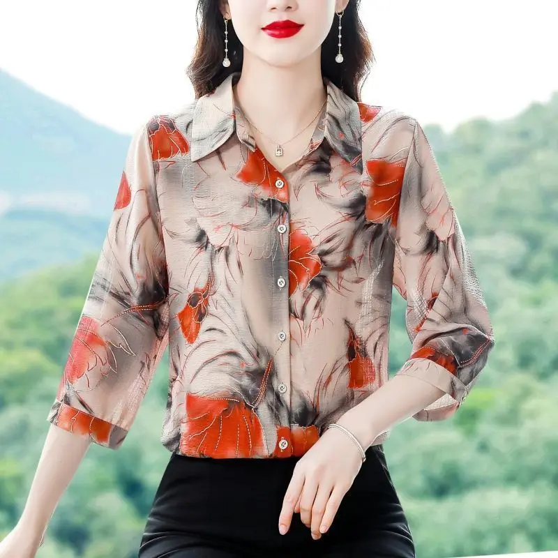 Minimalist Commuter 2024 Summer New Women's Blouse Polo-Neck Button Printed Elegant Slim All-match 3/4 Sleeve Shirt Tops