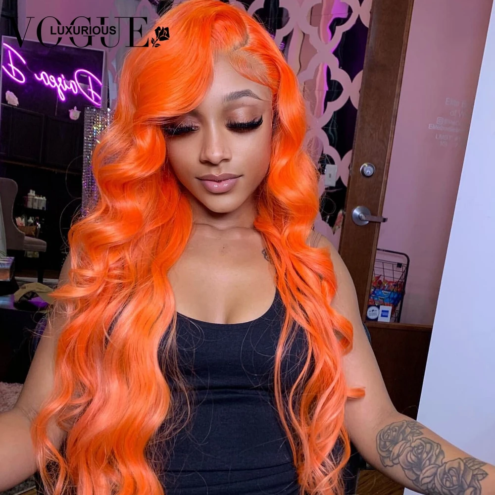 Bright Orange Loose Body Wave Wigs Brazilian Virgin Human Hair 13x4 Transparent Lace Front Silky Straight Wig for Women