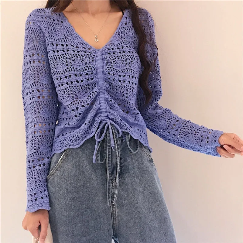 Women Knit Hollow Out Crop Tops Streetwear Y2K Crochet Long Sleeve Sweaters Female Fashion Cover Up Drawstring V-Neck Pullovers