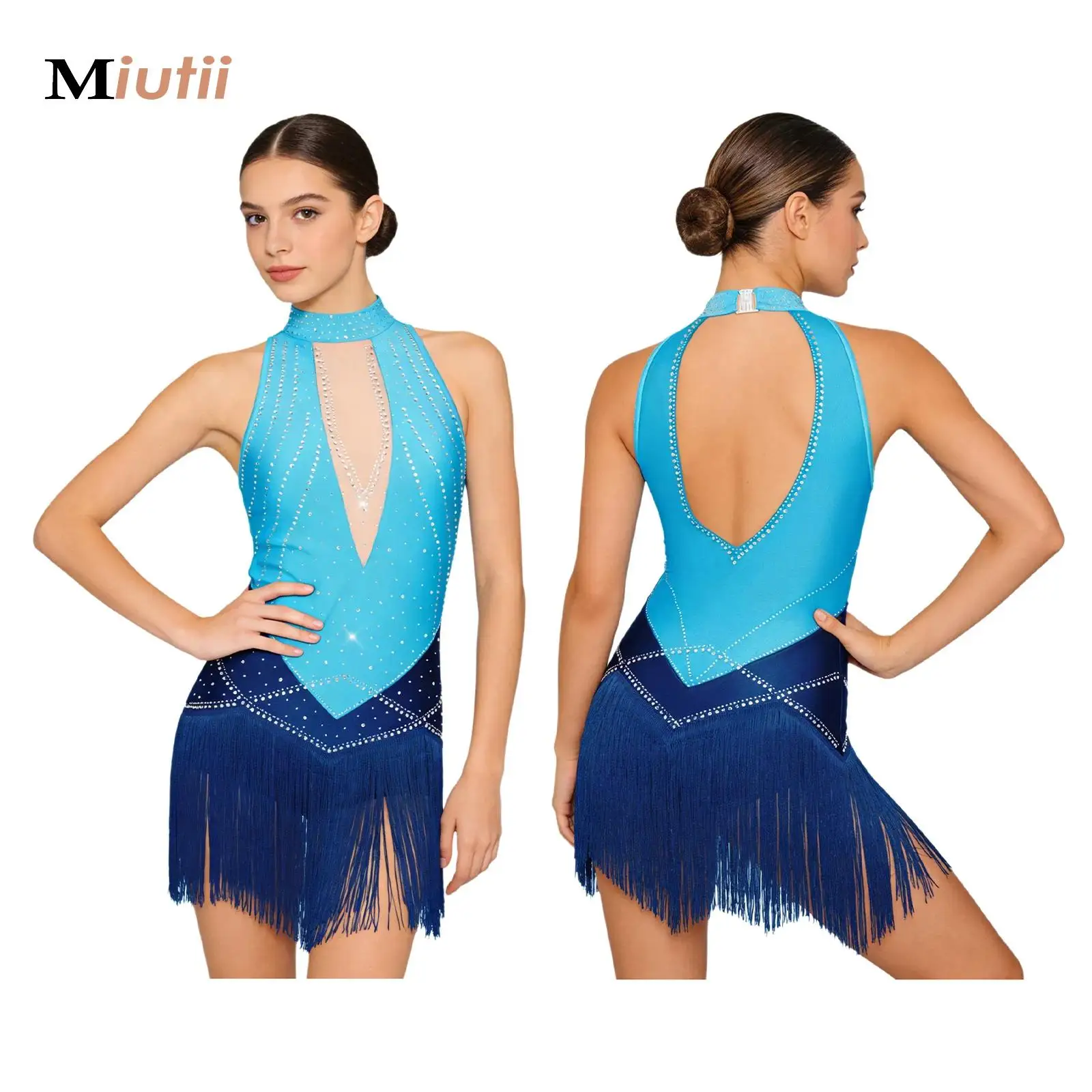 

Womens Fringed Ballet Jersey Dance Leotard Dress Glittery Sleeveless Tassel Bodysuit Figure Skating Tango Samba Latin Jazz Wear