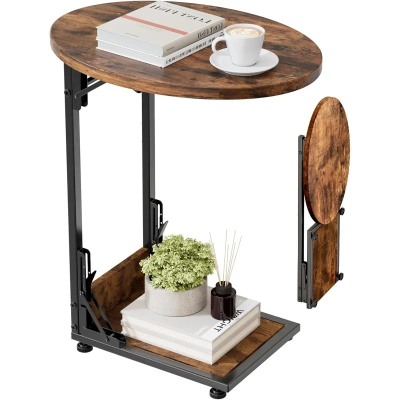 

Folding Side Table End Couch Tables,Metal Frame C-Shaped TV Stand for Sofa Living Bedroom Bedside Coffee Small Spaces(Vintage