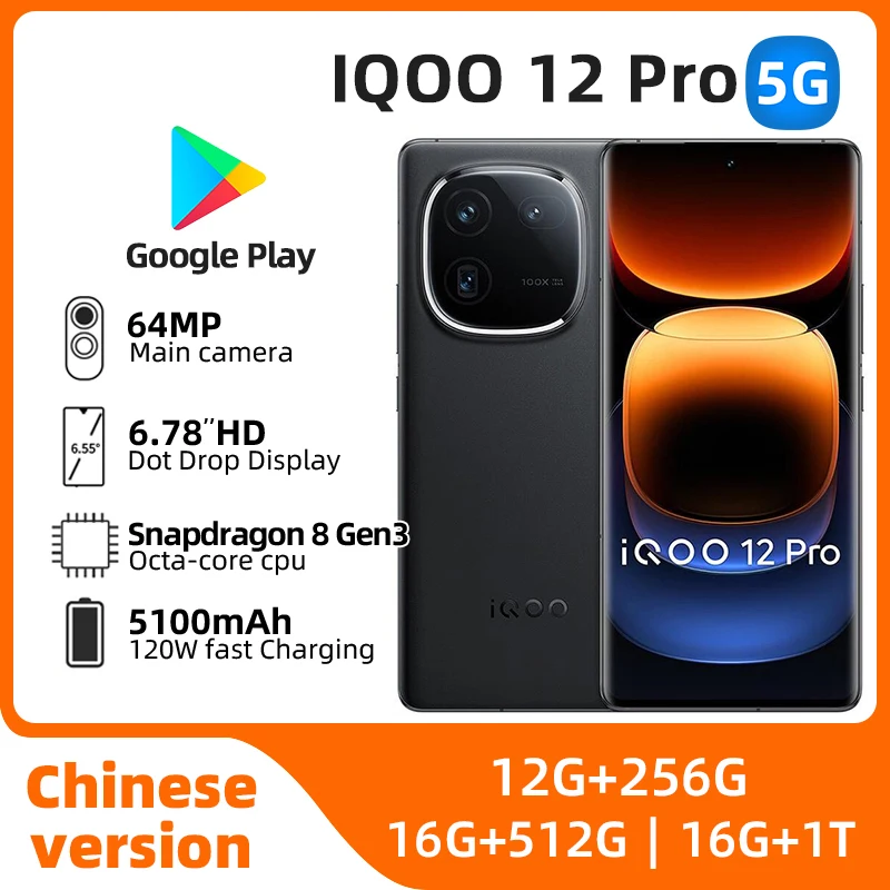 Iqoo 12 Pro 5G Smartphone Snapdragon 8gen3 6.78Inch 144Hz Scherm 50mp Camera 5100Mah 120W Opladen Originele Android Gebruikte Telefoon