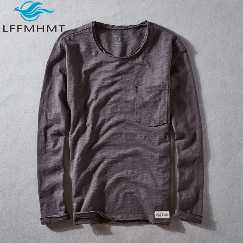 100% Baumwolle Frühling Mode Weiche Bequeme T-shirt Männer Gute Qualität Lange Hülse O-ansatz Slub Baumwolle Casual Lose Pullover Tees