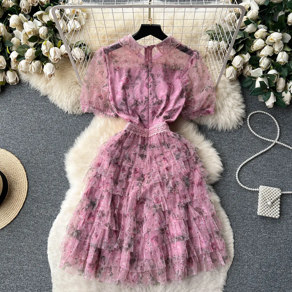 High Qulity Luxury Design Runway Summer Dress Women Beading Doll Collar Mesh Splicing Floral Layer Cake Short Vestidos N829