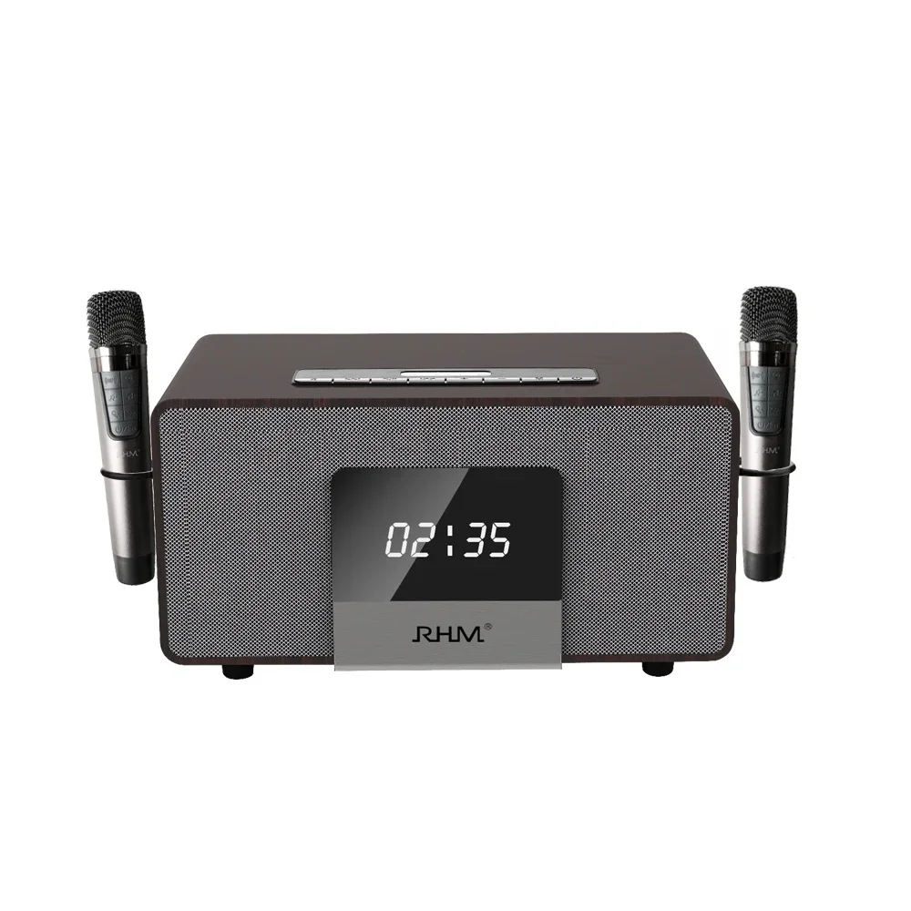 RHM K222 Wireless BT Karaoke Subwoofer Speaker Two Microphones Mini Design Wood Material DC Power Personal Remote Control Box