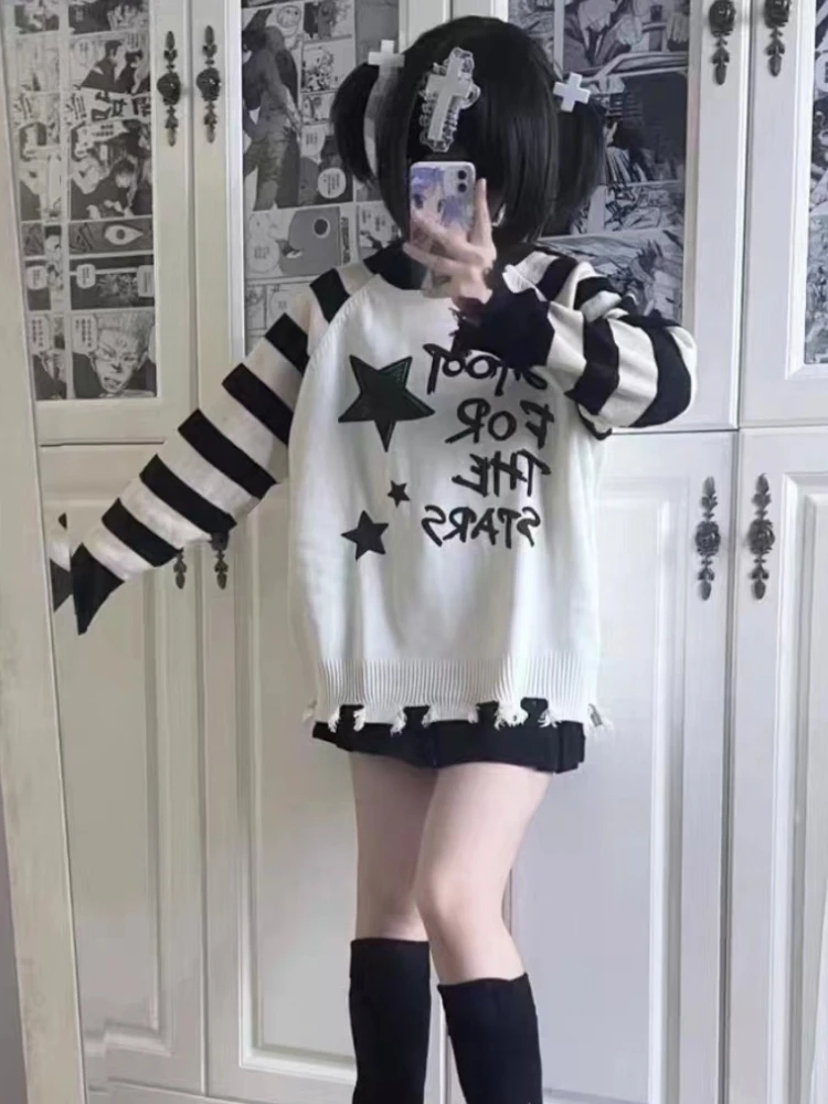 Y2k Aesthetic Star Letter Print Women Sweaters Striped Harajuku Loose Ripped Grunge Sueter Mujer Goth All Match Casual Pullover
