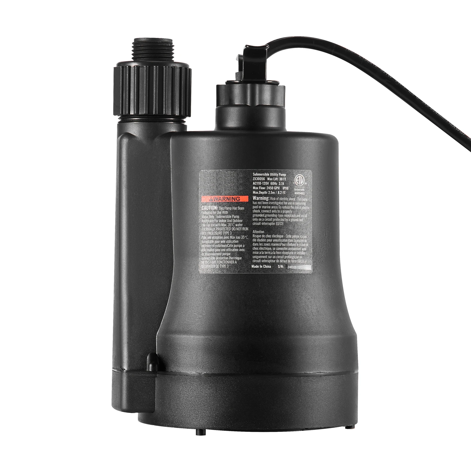 SucceBuy Utility Pump 1/3HP 2450GPH High Flow 30ft Head Sump Pump Submersible Water Pump 10ft Long Power Cord for Draining Water