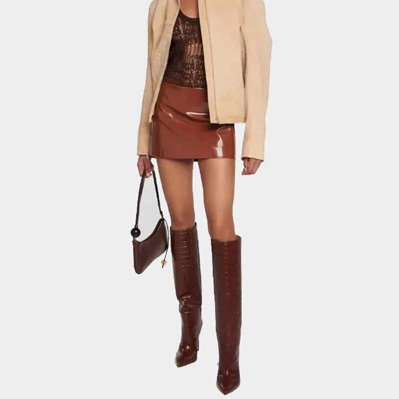 New Crocodile-Patterned Leather Knee-High Boots Women Pointed Toe Slip-On Boots Sexy High Heels Women Shoes Winter Botines Mujer