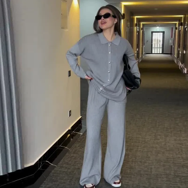 

Pant Sets Women Tracksuit Cardigan Single Breasted Outerwear Wide Leg Pants Full Length Pant Pockets Solid Loose Casual Autumn