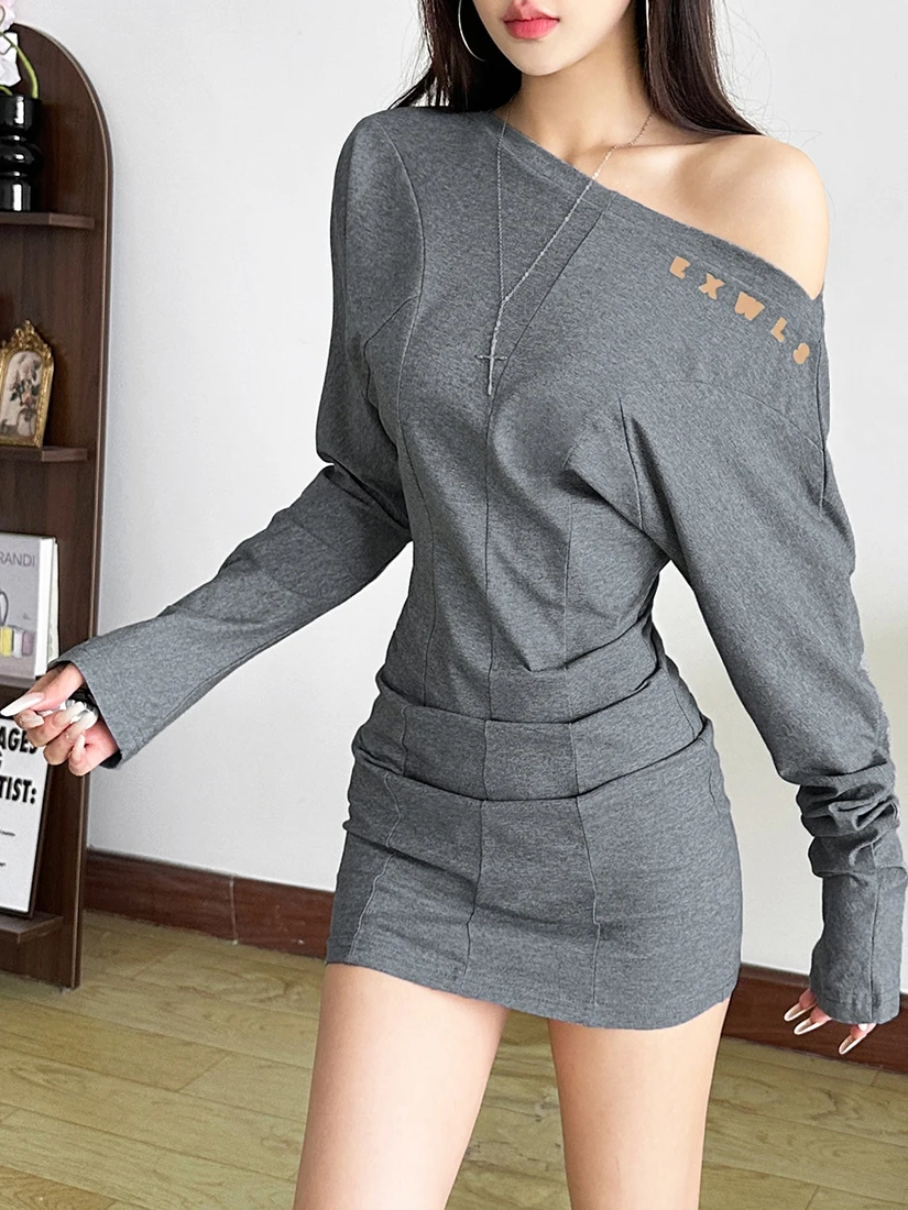 Feminino retro fora do ombro manga longa camiseta vestido cinza sexy magro bodycon midi vestido outono casual versátil roupa de escritório