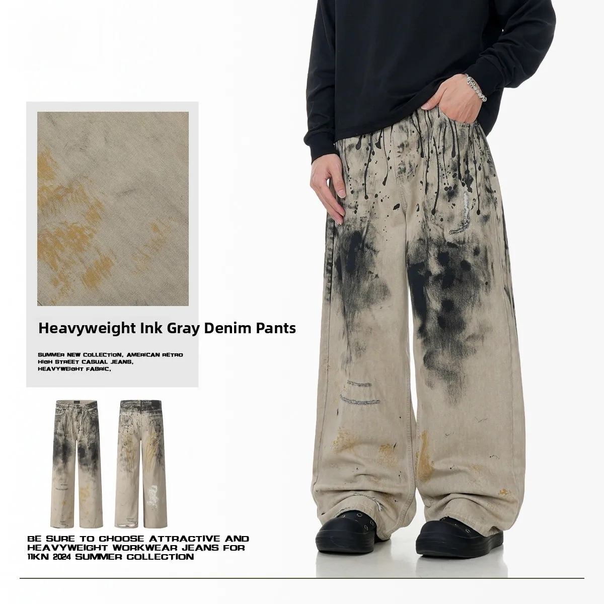 

Loose Straight Leg American Sle Jeans Ink ey Heavyweight Clean Fit Trendy New Model Cotton Blend Long Pants for Men