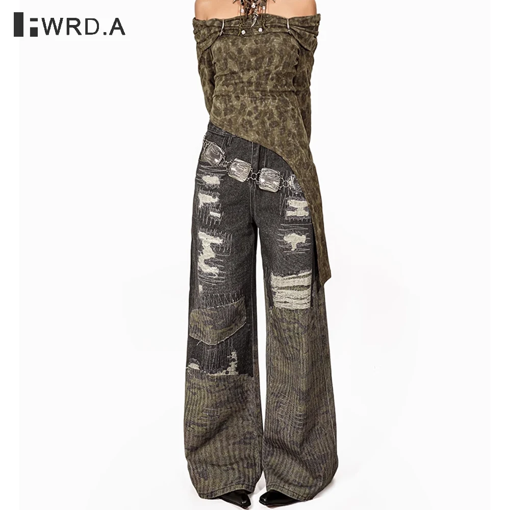 

FWRD Vintage Camo Patchwork Ripped Jeans WomenDistressed Washed Wide Leg Pants Retro Destroyed Loose StreetwearTrousers#FWRD6038