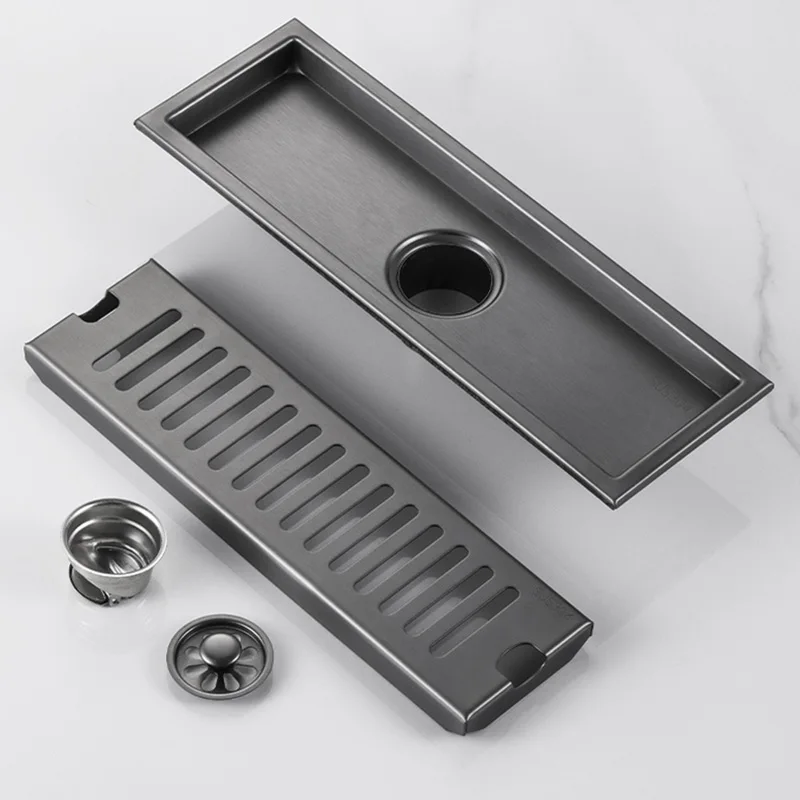 Gun Gray 304 Stainless Steel Long Floor Drain 10cm Wide Hotel Shower Room Large Displacement Long Strip Anti-odor Drain