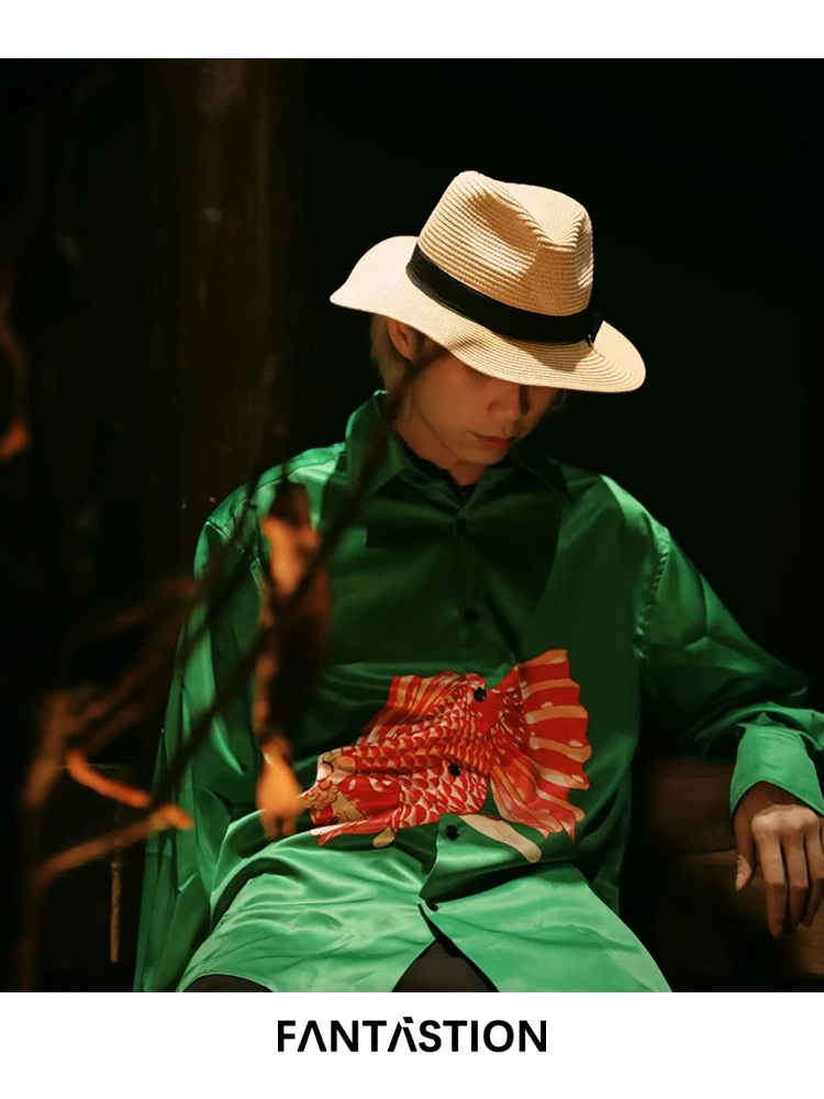 

FANTASTION Green shirt Goldfish print design Unisex casual shirts Loose and oversized daily