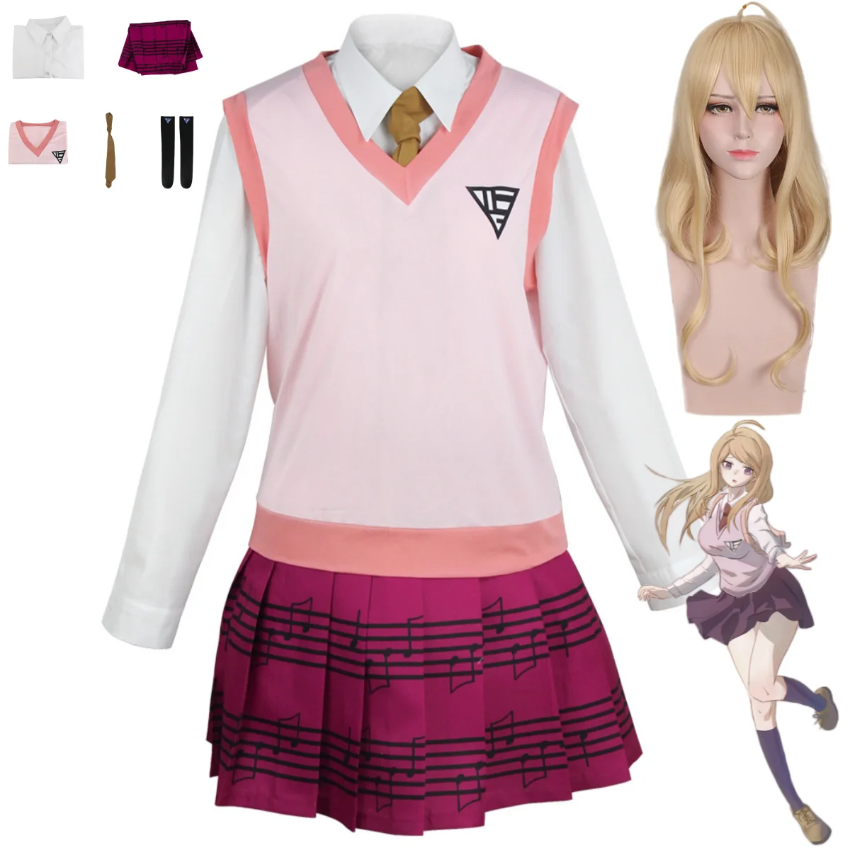 

Anime Game Kaede Akamatsu Cosplay Costume Korean Style Pink School Uniform Vest Gingham Wig Woman Sexy Carnival Party Suit