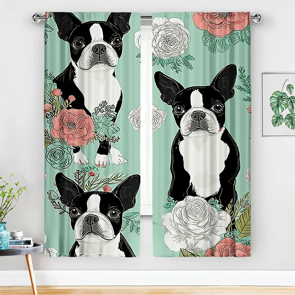 2pcs Boston Terrier Floral Curtains Mint Green Black White Rod Pocket Polyester Light Filtering Modern Decor Living Room Bedroom
