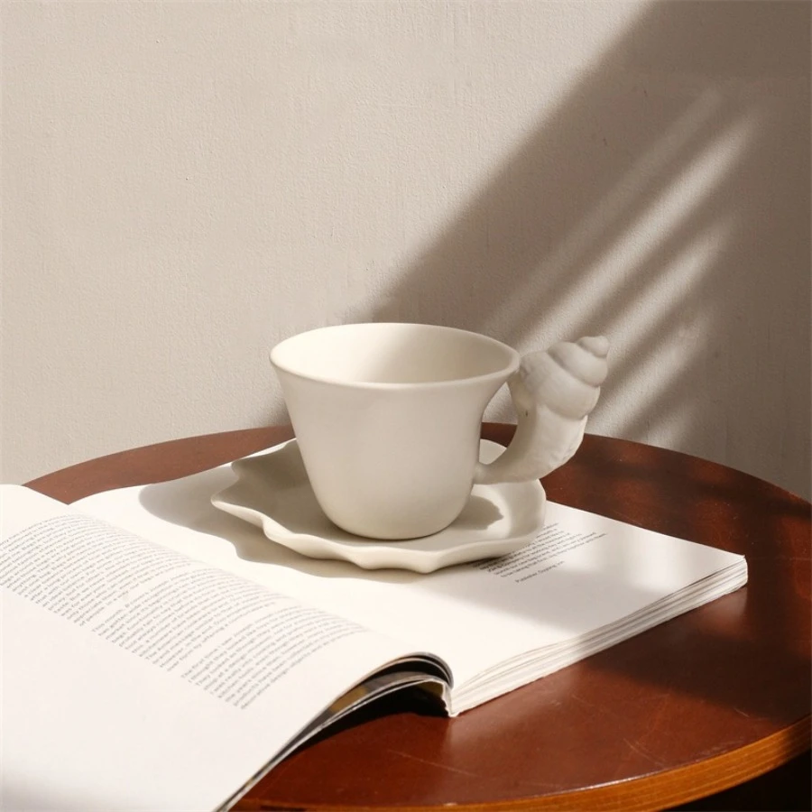 Home French Conch Mug Coffee Shop Matte Ceramic Coffee Cups Retro Relief Shell with Cup Plate Set Mate Pair Cup Gift Tea Cup