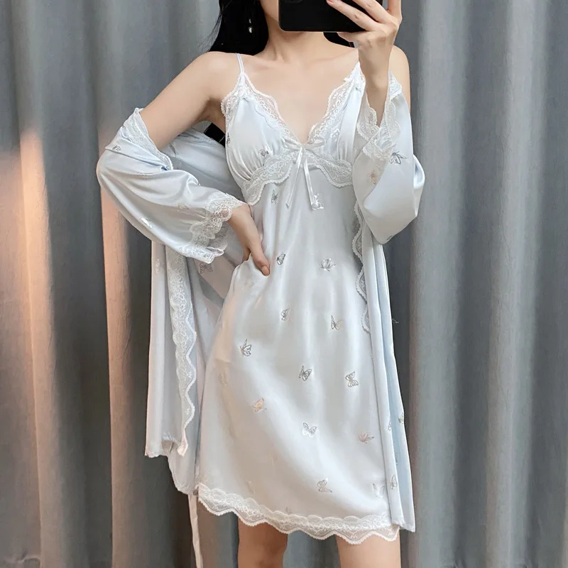 

Летний женский комплект-двойной халат, ночная рубашка, сексуальное бронзовое нижнее белье с бабочкой, ночная рубашка на подтяжках, шелковистая тонкая атласная одежда для сна
