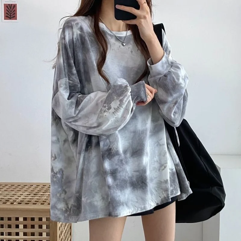 Long Sleeve Tie-dye T Shirts Female Autumn Top for Women High Quality Tees Xxl Korean Fashion Pulovers Glitter Grunge O Clothes