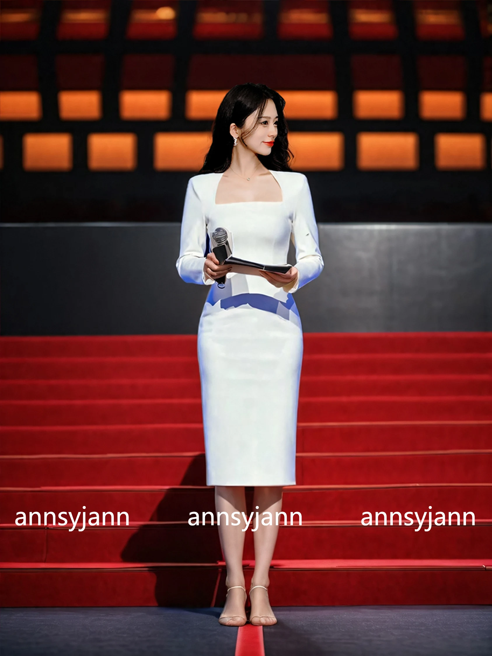 

Элегантное белое вечернее платье для женщин, для церемоний и мероприятий, модное, на молнии, с ручной вышивкой цветами, с завышенной талией, длинными рукавами, средней длины