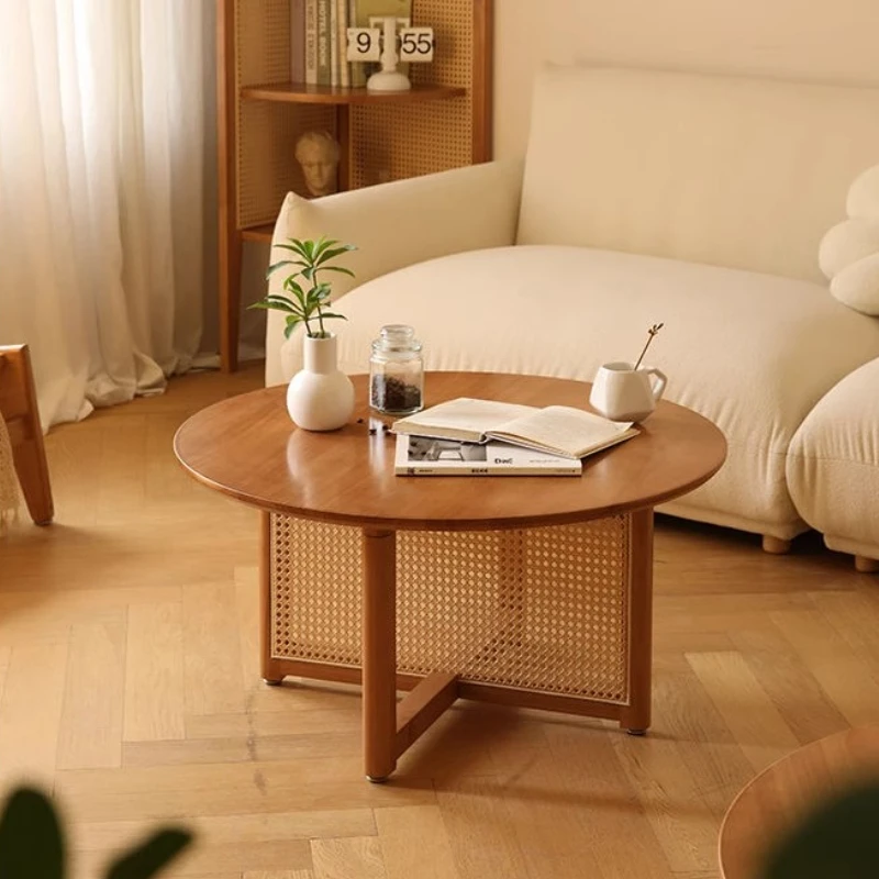 

Новый журнальный столик из китайского ротанга, круглый стол ручной работы из цельного дерева, экологически чистый тканый обеденный стол, приставной столик для балкона ваби-саби