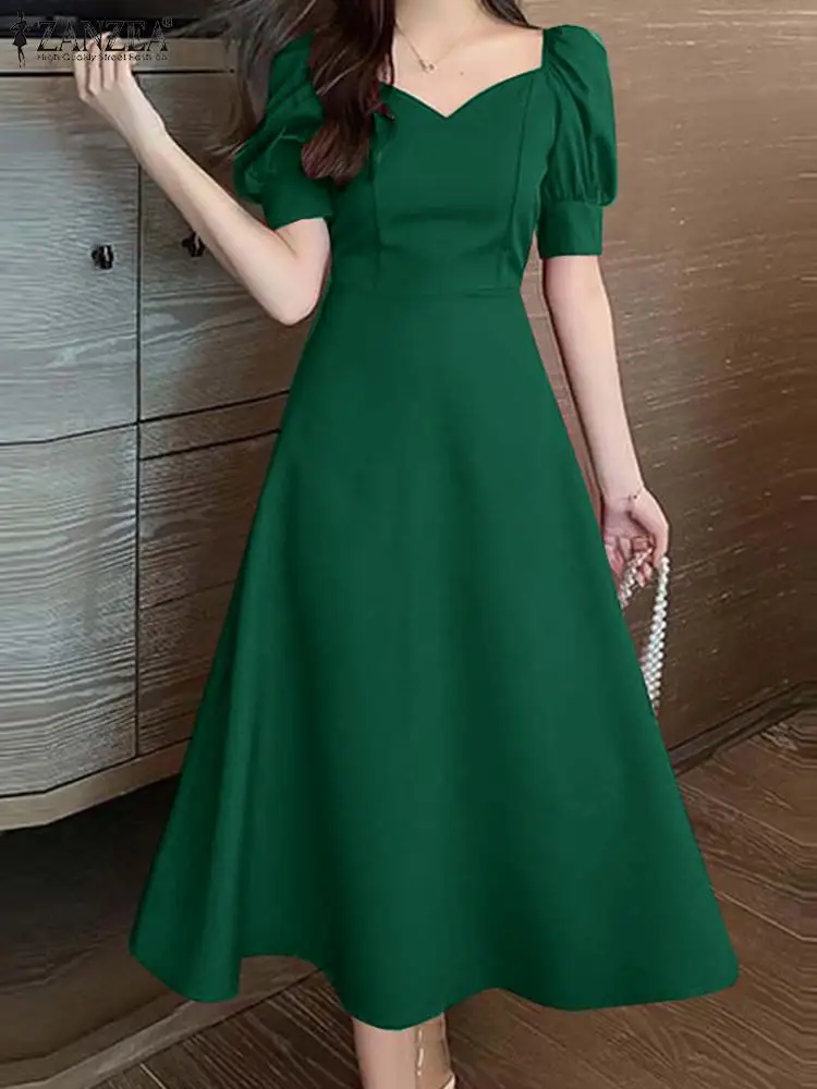 ZANZEA Elegant Waist Party Dresses Vintage Evening Dress Women Puff Short Sleeve A-line Robe 2024 Summer Wedding Midi Vestidos