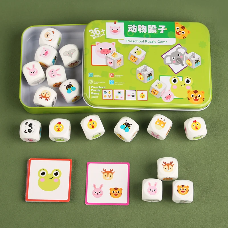 Dados de animales de madera, juguetes a juego, iluminación educativa, juegos cognitivos para bebés de 3 a 6 años
