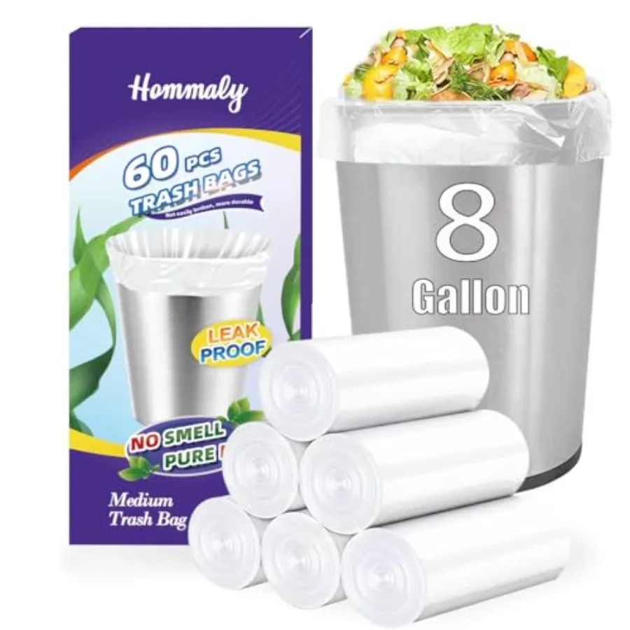 Bolsas de Basura Transparentes Resistentes de 8 Galones, Paquete de 60 Unidades, para Baño, Oficina, Hogar, Cocina, Compatibles con Cubos de Basura de 30 Litros