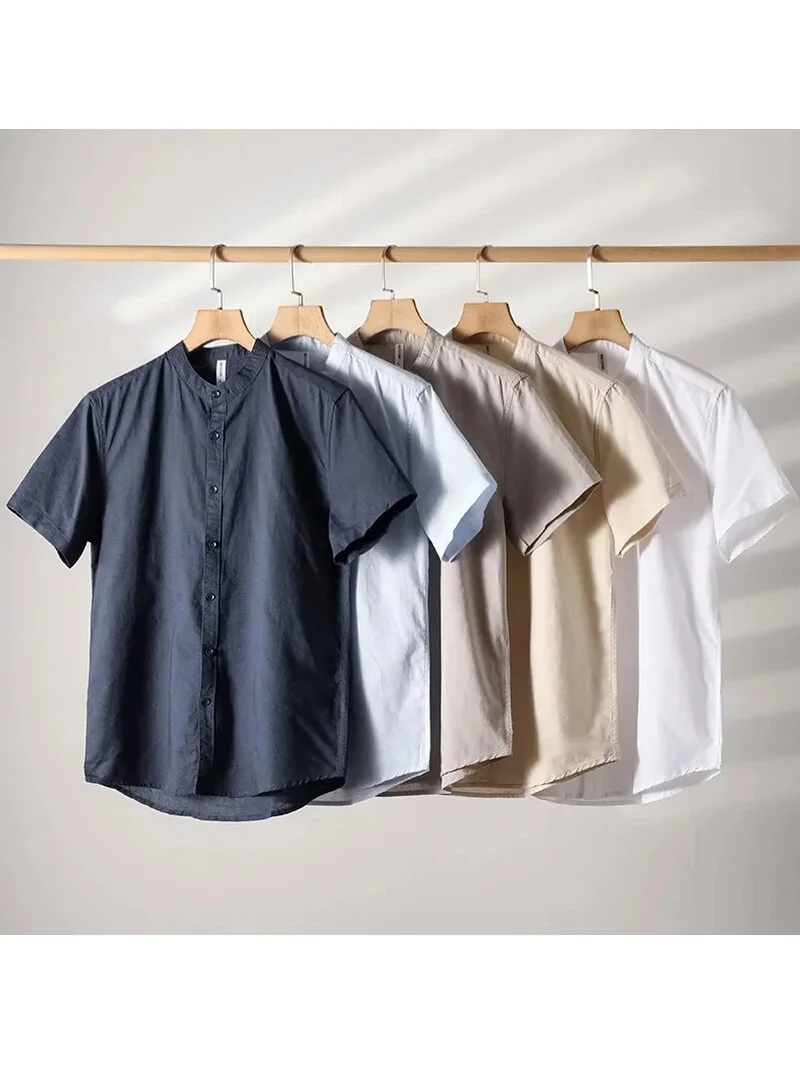 

Новая летняя свободная повседневная мужская рубашка из льна и хлопка с воротником-стойкой, дышащая, с коротким рукавом, в городском стиле