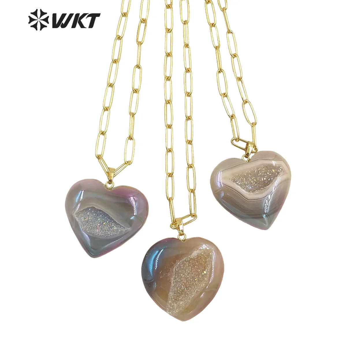 WT-N1394 Wholesale Precious Natural Grey Geode Druzy Agate Heart necklace Gold hand carved Aura stone necklace with link chain