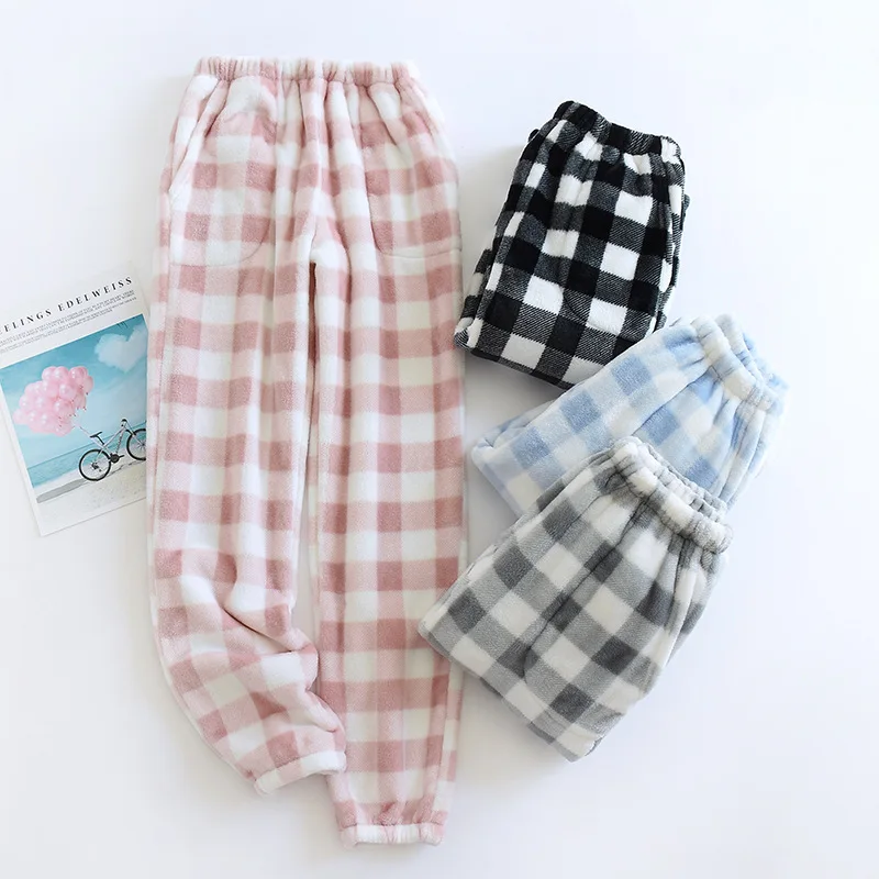 

Autumn Winter Women Soft Fleece Sleep Bottoms Female Thicken Plaid Nightwear Trousers Ladies Simple Warm Sleepwear Pajama Pants