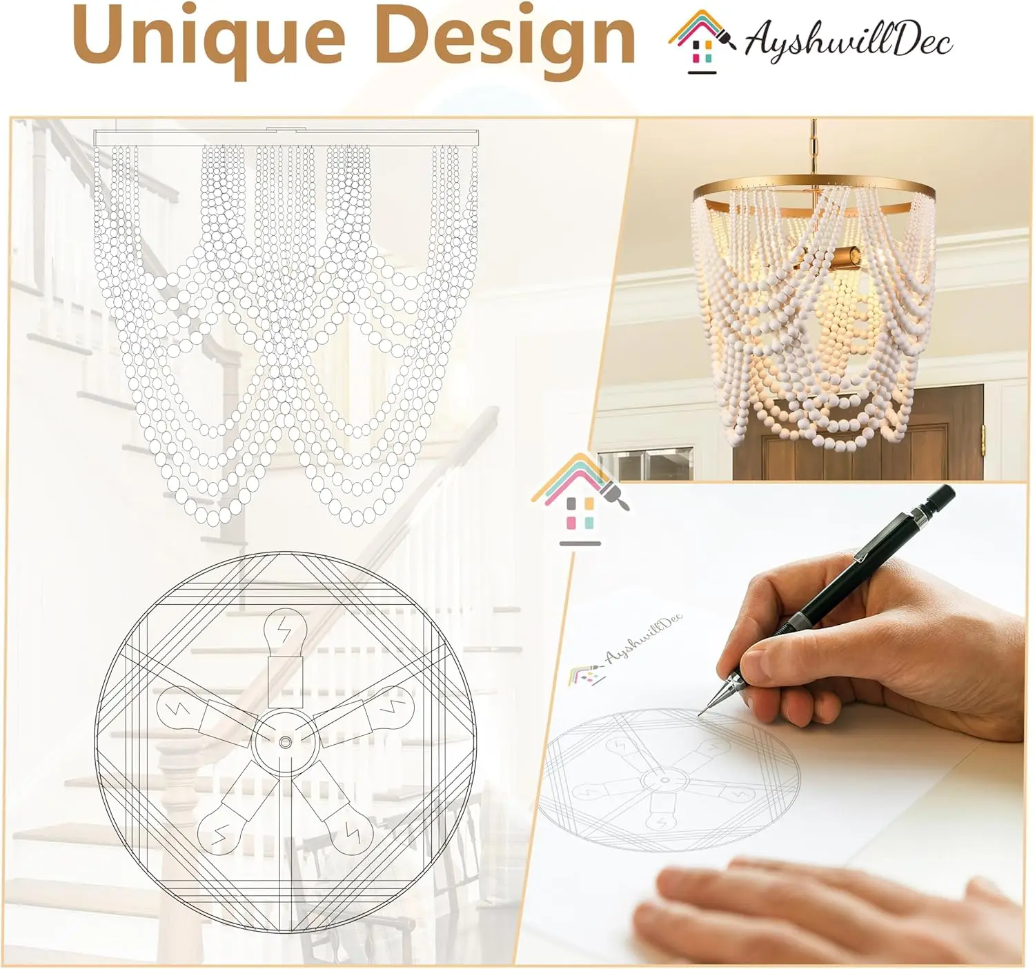 Boho Wood Beaded Chandelier with 5 Lights in Gold and Oak Finish for Dining, Living, Bedroom view 6