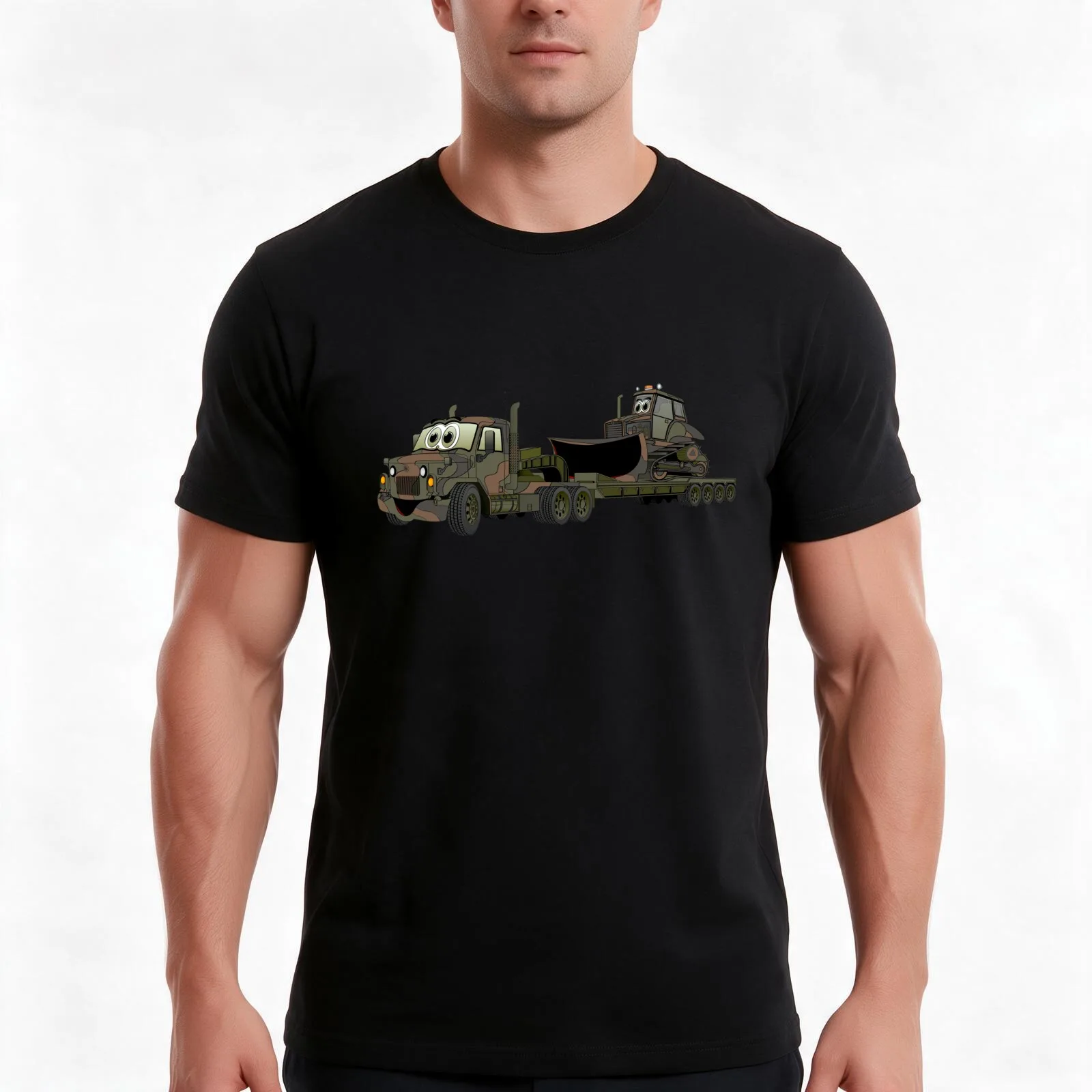 Military Semi Bulldozer Heavy Hauler Cartoon T-Shirt, Summer Casual Cotton Tee, Oversized Streetwear Tops, Vintage Graphic Print