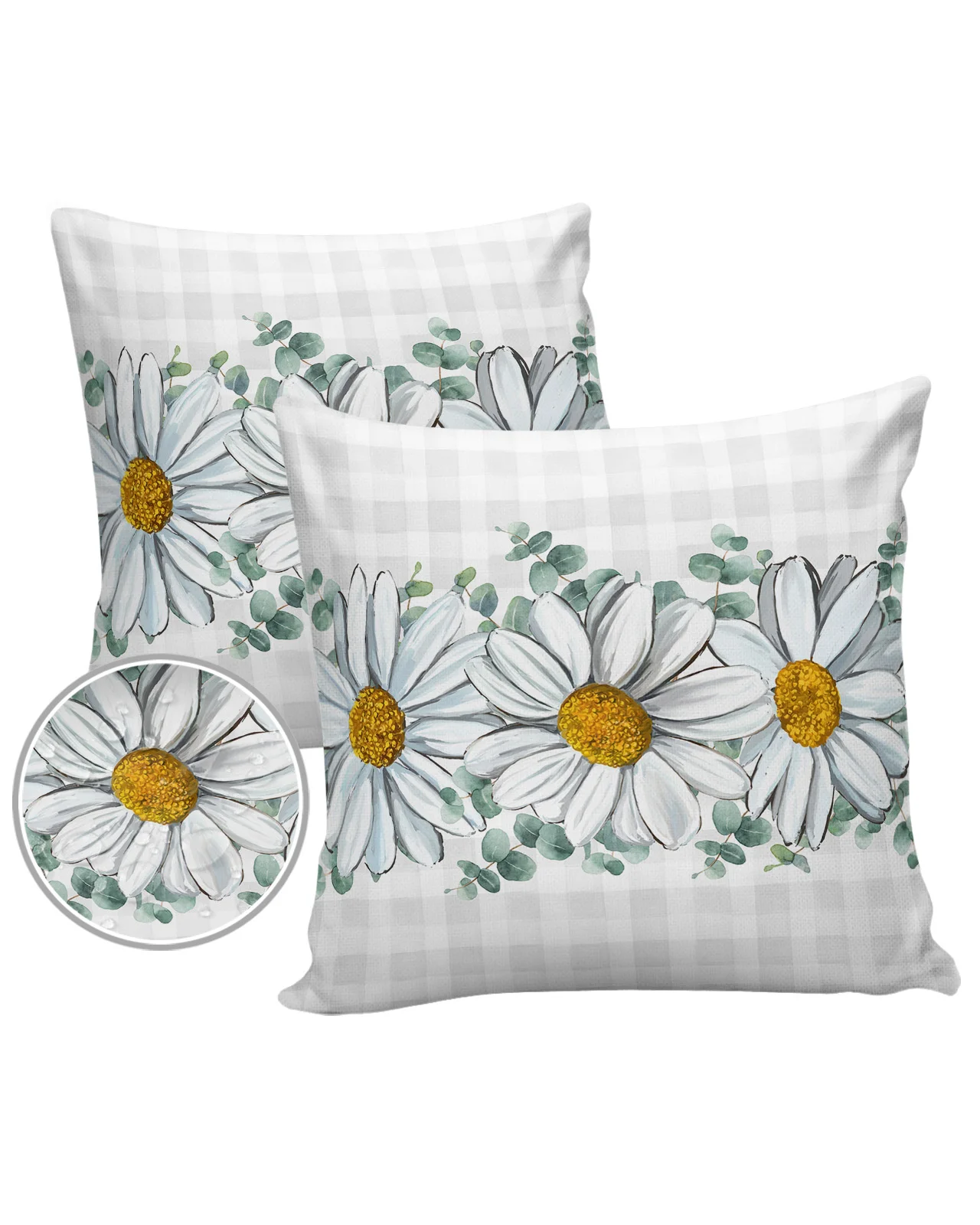 White Daisy Eucalyptus Leaf Waterproof Pillow Cover Home Office Decoration Pillow Case Chair Sofa Cushion Cover