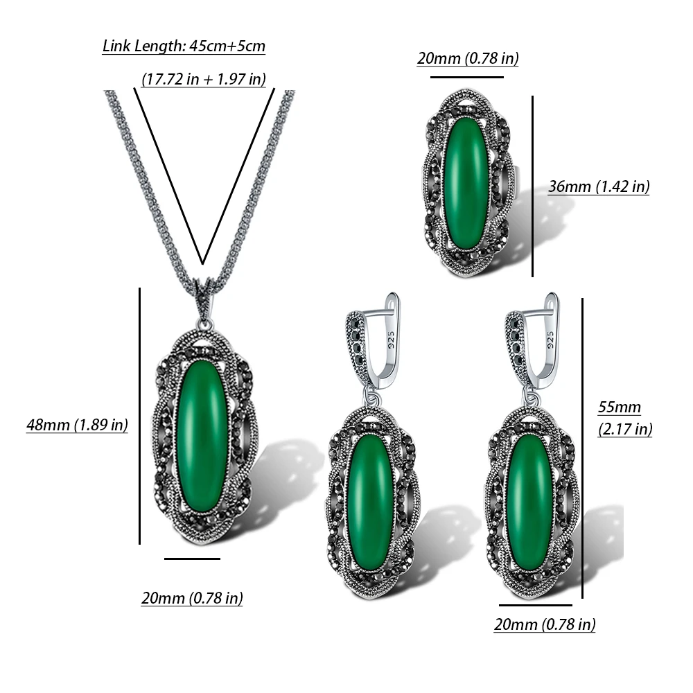 Black/Red/Green Stone Jewelry Sets For Women Ladies Beautiful Vintage Jewelry Ring Size 7,8,9