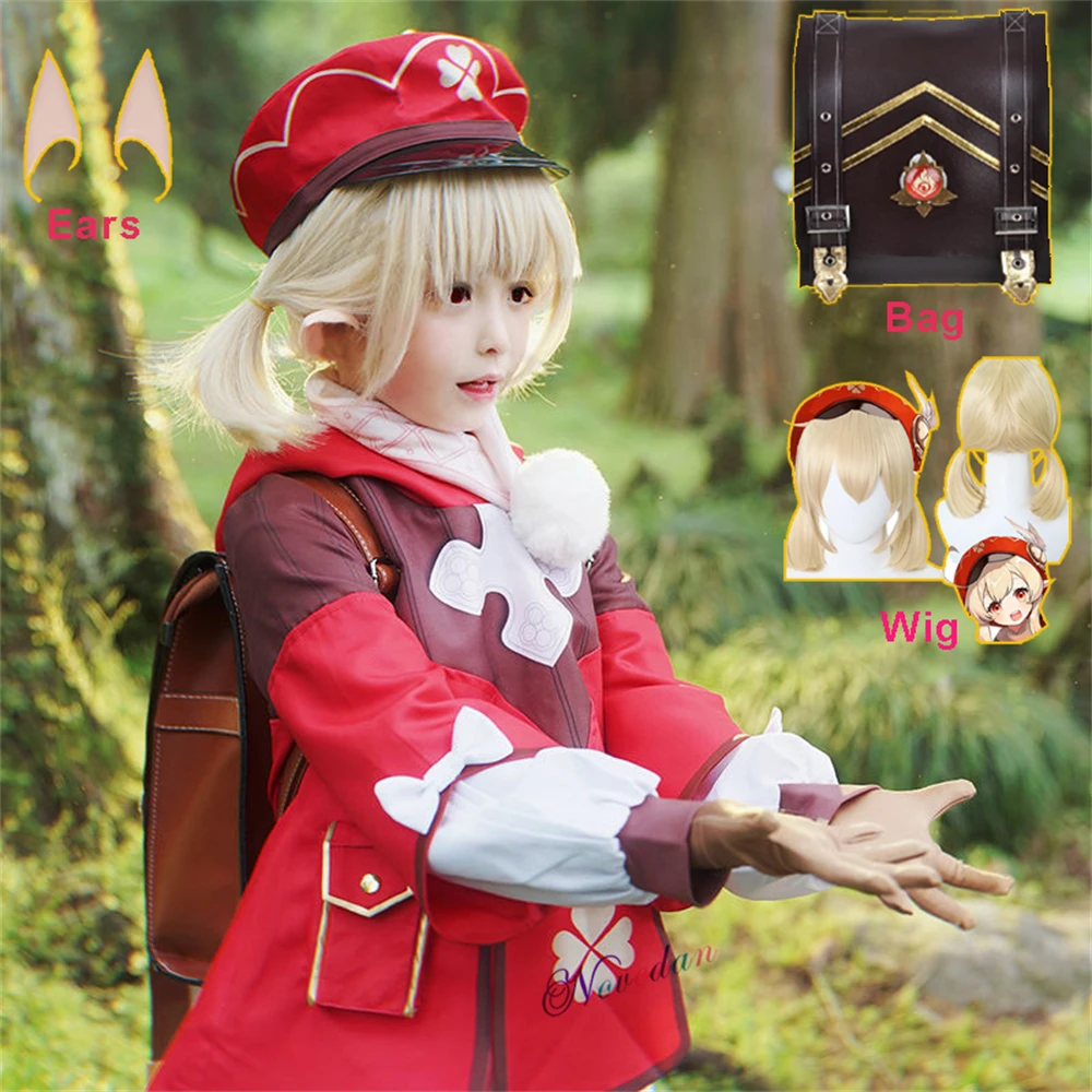 Klee Cosplay Kids Costume Anime Game GenshinImpact Cosplay For Child Girl Dress Backpack Wig Halloween Party Outift Plus Size