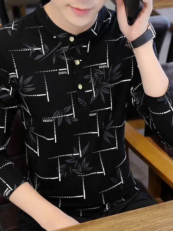 

Модная мужская футболка с геометрическим узором, длинным рукавом, черная, с воротником-стойкой, не требующая глажки, трендовая летняя модель, повседневный свободный крой, полиэстер