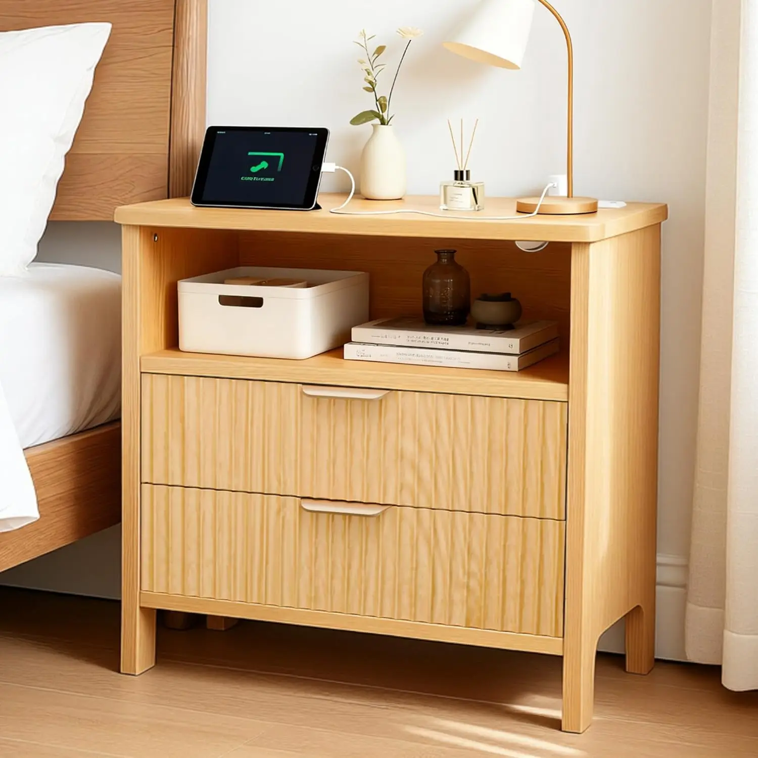 

Fluted Nightstand With Charging Station, 23" Wide Night Stand With 2 Large Drawers & Storage Shelf, Natural Oak, Customized