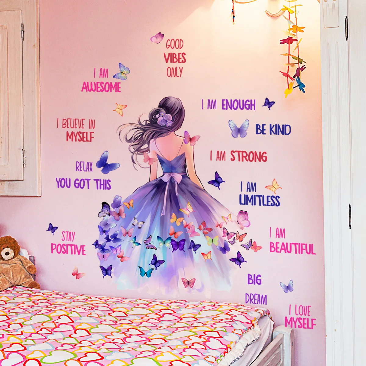 Butterfly Girl Wall Decals Colorful with Motivational Lettering Quotes Wall Stickers for Girls Nursery Bedroom Playroom