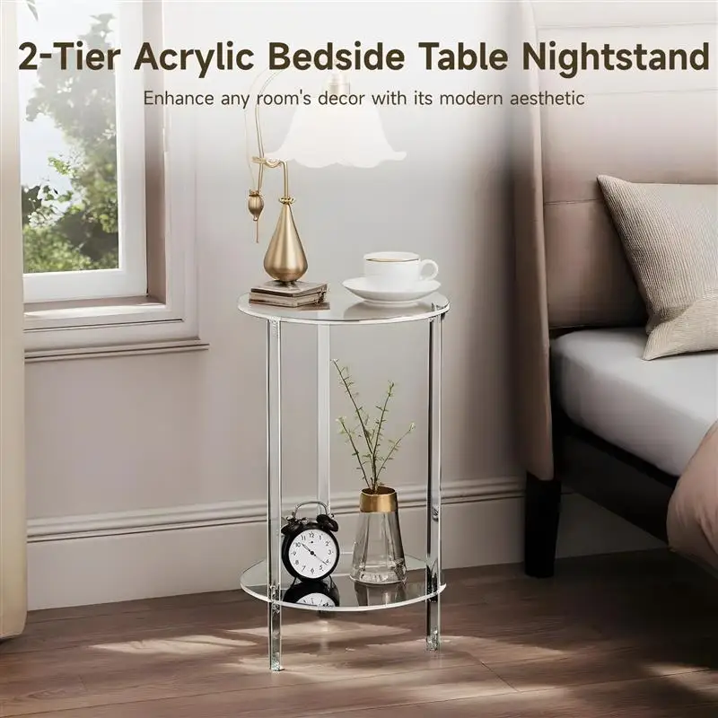 2-Tier Acrylic Round Side Table Coffee Table For Small Spaces Round Bedside Table Nightstand Small End Table Clear Side Table