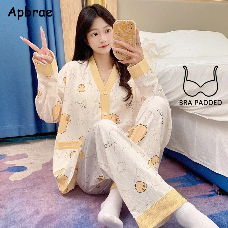 New Autumn Sweet Girl Pajamas with Bra Pads Long Sleeves Full Pants Cardigan Pajama Fashion Lapel Pijamas Soft Woman Nightwear