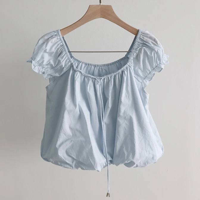 

Summer Girl French Drawstring Tied Puff Sleeves Square Collar Solid Color Top Shirt for Women