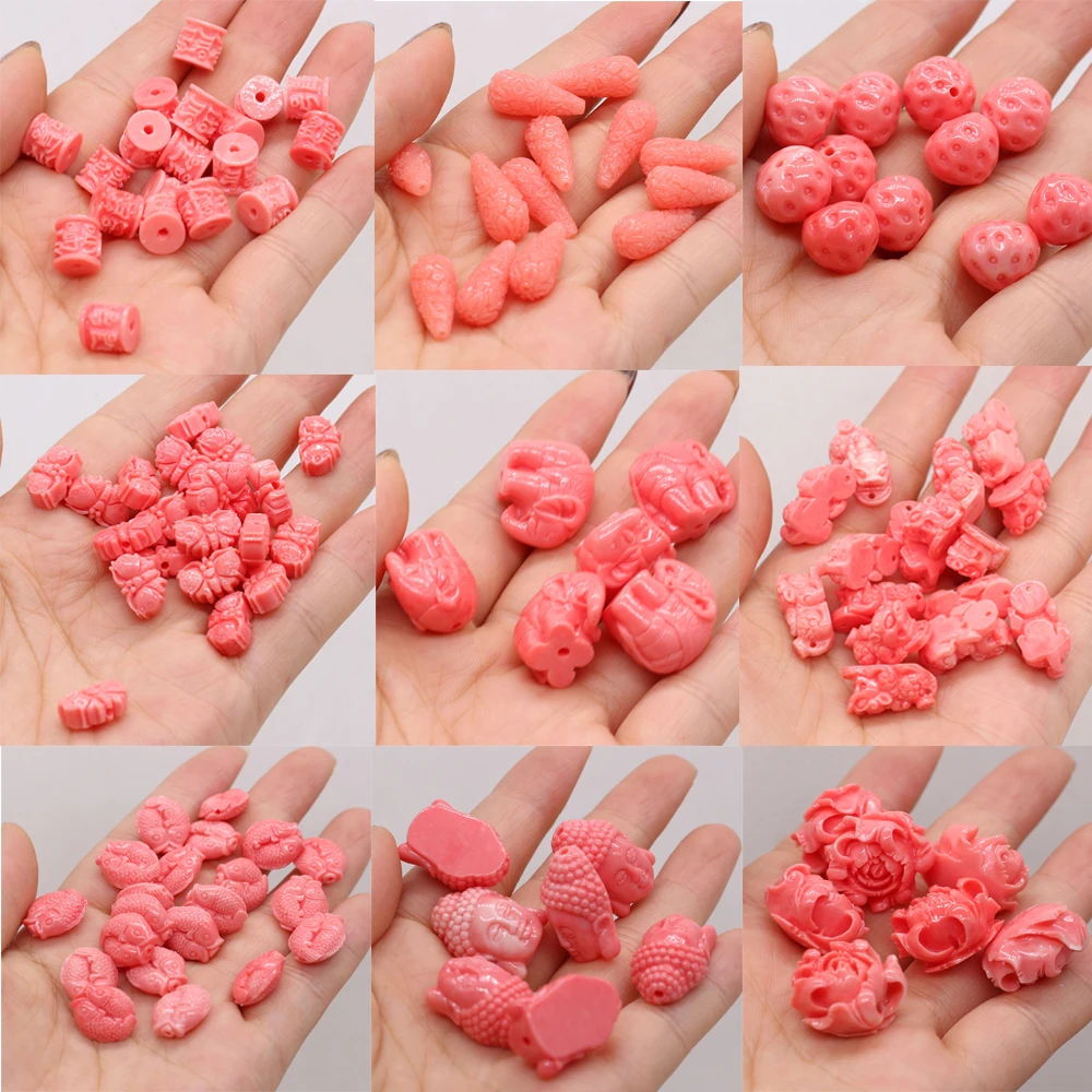 10PCS Natural Coral Pink Elephant Buddha Head Bud Beads For Jewelry MakingDIYNecklace Accessories Charm Gift Decor Free