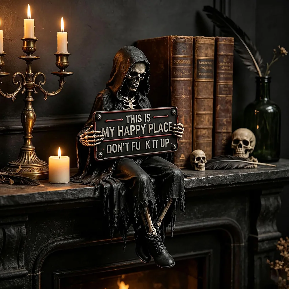12cm Gothic-Skelett-Bücherregal-Figur, gruseliges Regal-Ornament aus Kunstharz, lustiges Schild, dunkle Halloween-Tischdekoration, Bücherregal-Dekor – Detail 3