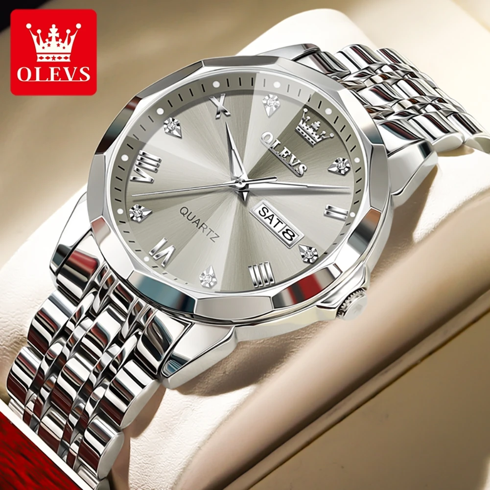 OLEVS Men's Watches Rhombus Mirror Original Quartz Watch for Man Waterproof Luminous Stainless Steel Wristwatch Male Date Week