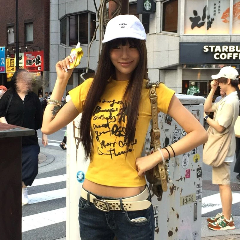 Karrram Japanese Y2k Letter Print T-shirt Vintage Harajuku Crop Top Trashy 2000s Style Short Sleeve Tee Shirt American Retro 90s image 5