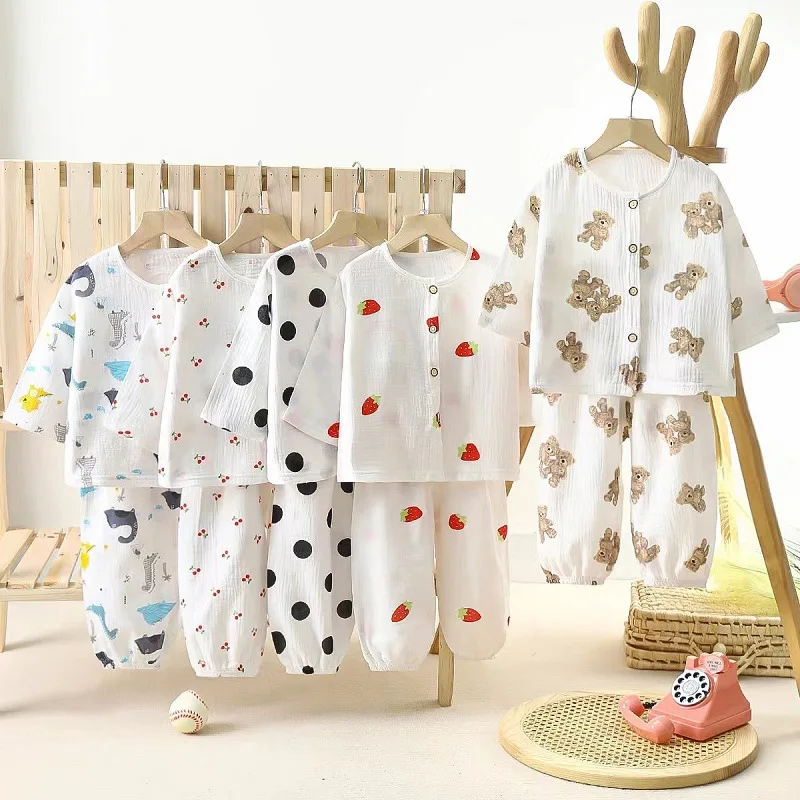 Lightweight Double Layer Cotton Muslin Sleepwear Long Sleeve Clothes Sets For Girls and Boys Summer Home Clothes