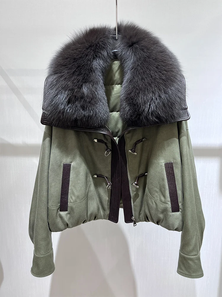 Moda inverno quente real ganso para baixo jaquetas gola de pele de raposa natural puffer jaquetas grosso feminino parka denim outwear