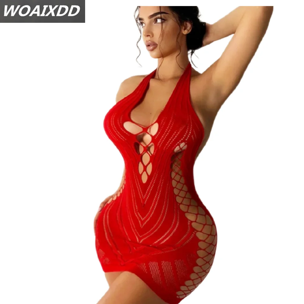 Sexy Red Dress Lingerie Cover Up Fishnet Hollow Out Mesh Perspective Dress Transparent Woman Nightdress Beachwer Party Clothes